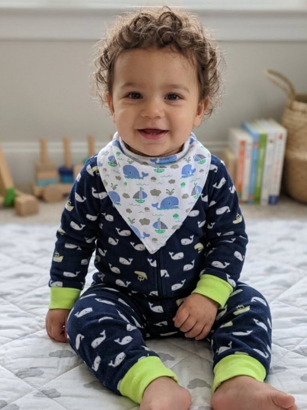 Navy Blue 🐳 Green Trims 💚 One Piece Child's Pajamas W. Whales All Over Pattern